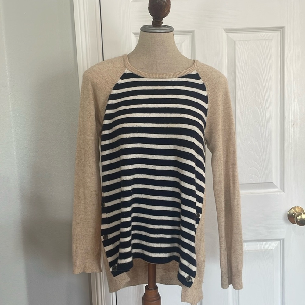 J Crew striped button flap wool pullover sweater elbow patches tan womens size M